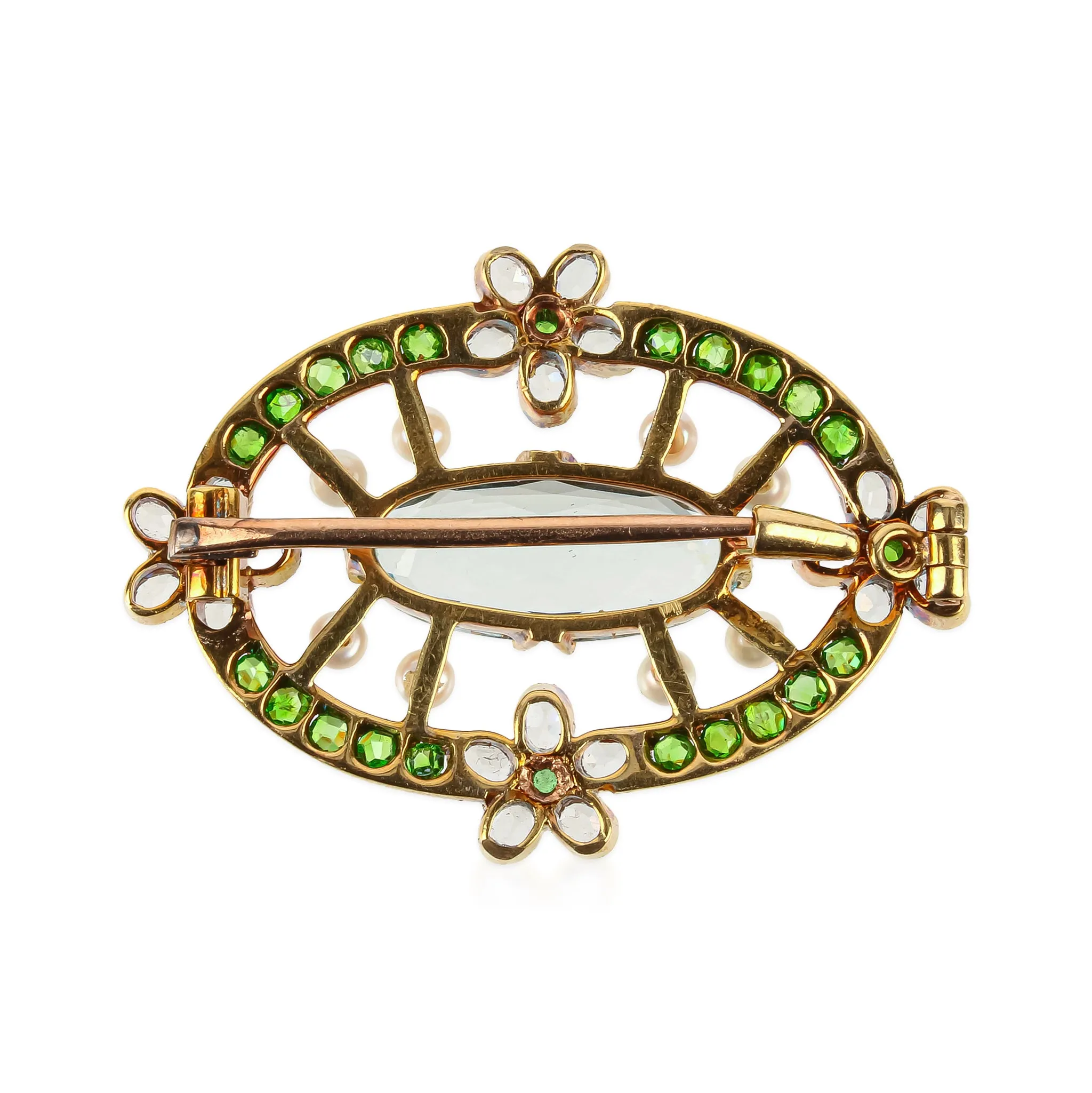 14K Yellow Gold Oval Aquamarine, Pearl, Garnet, & Sapphire Brooch