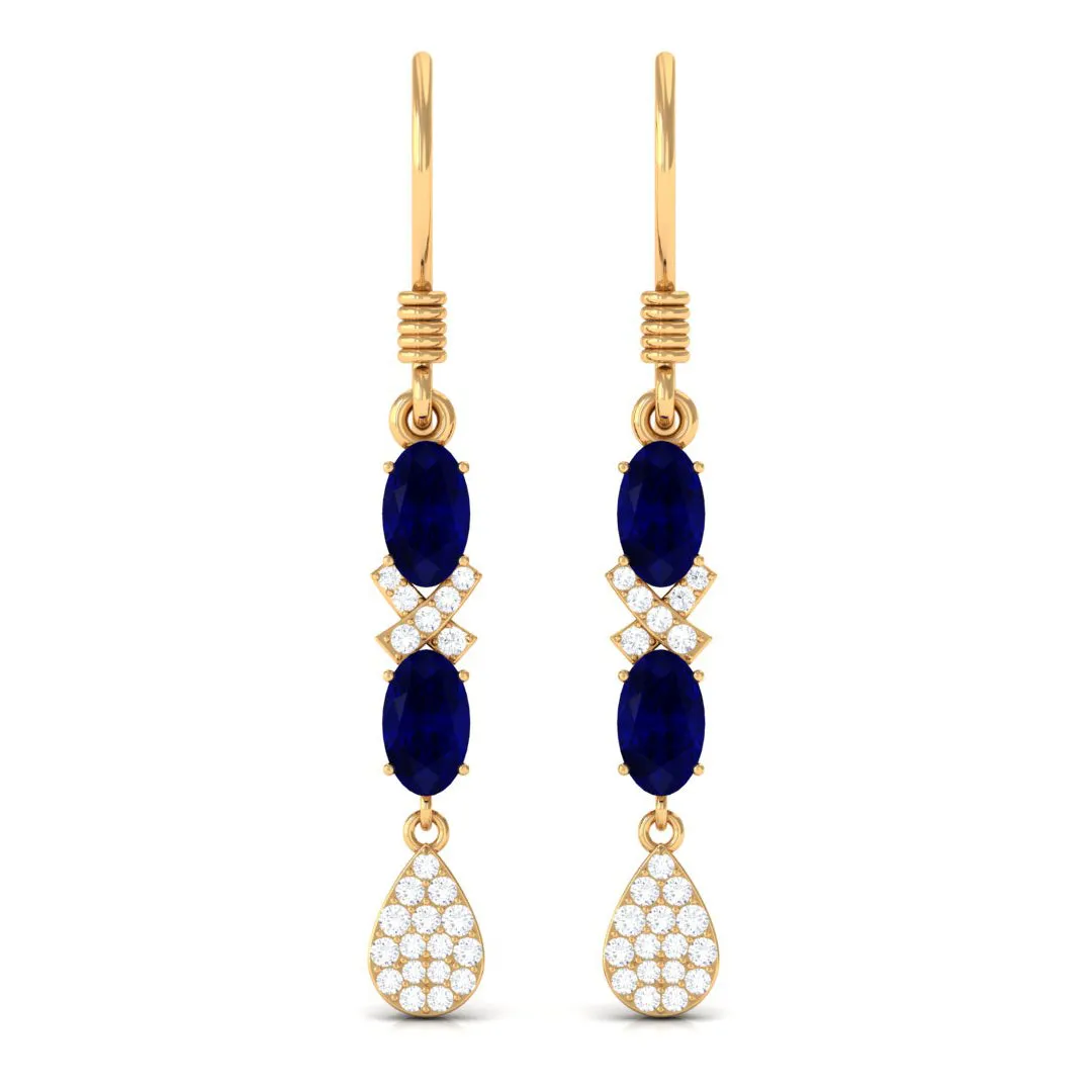 2 CT Oval Cut Blue Sapphire and Diamond Dangle Earrings