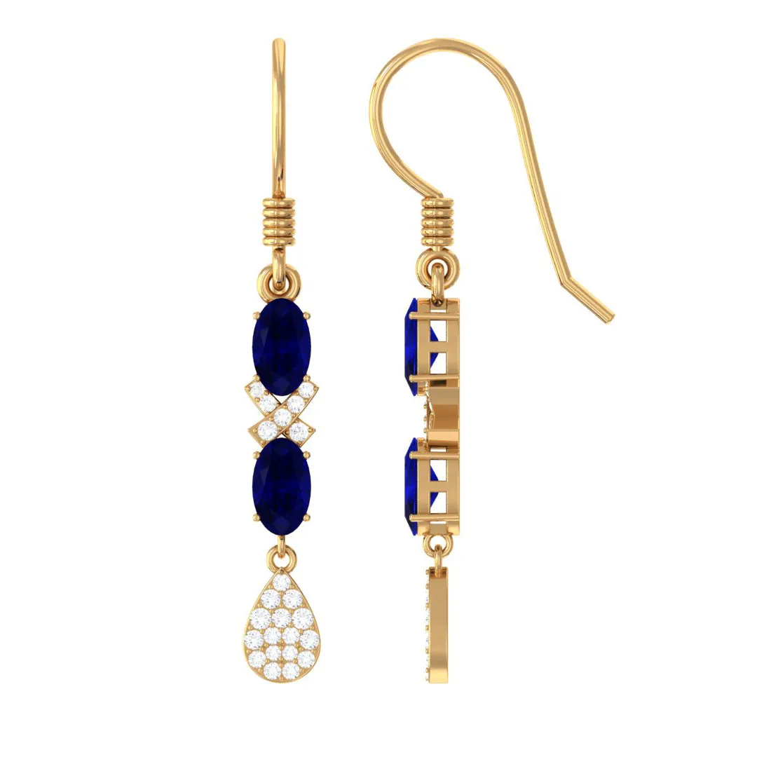 2 CT Oval Cut Blue Sapphire and Diamond Dangle Earrings