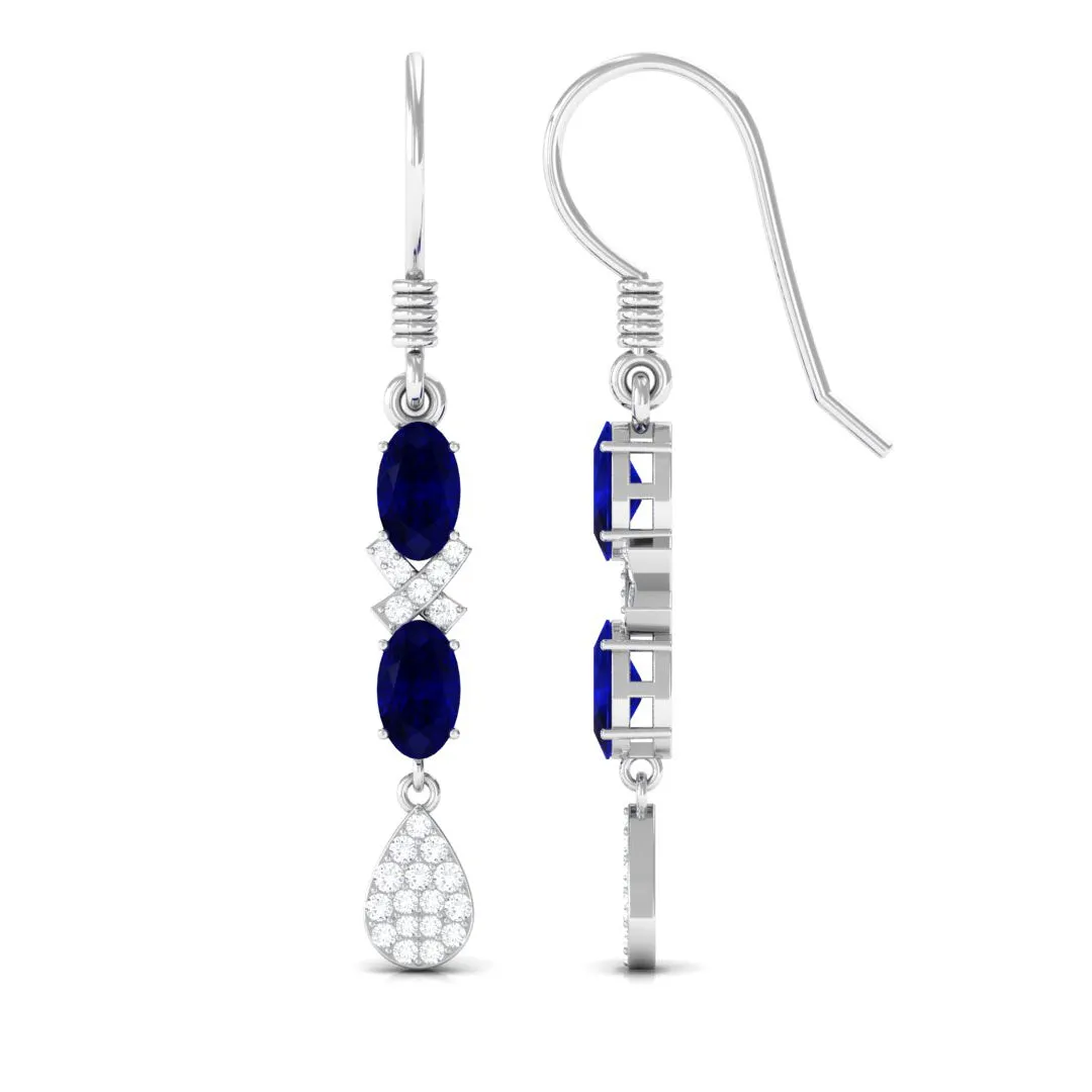 2 CT Oval Cut Blue Sapphire and Diamond Dangle Earrings