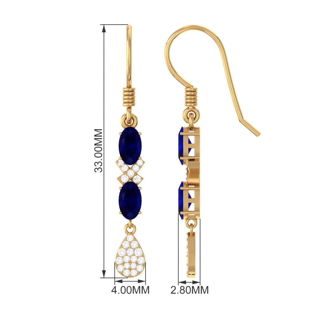 2 CT Oval Cut Blue Sapphire and Diamond Dangle Earrings