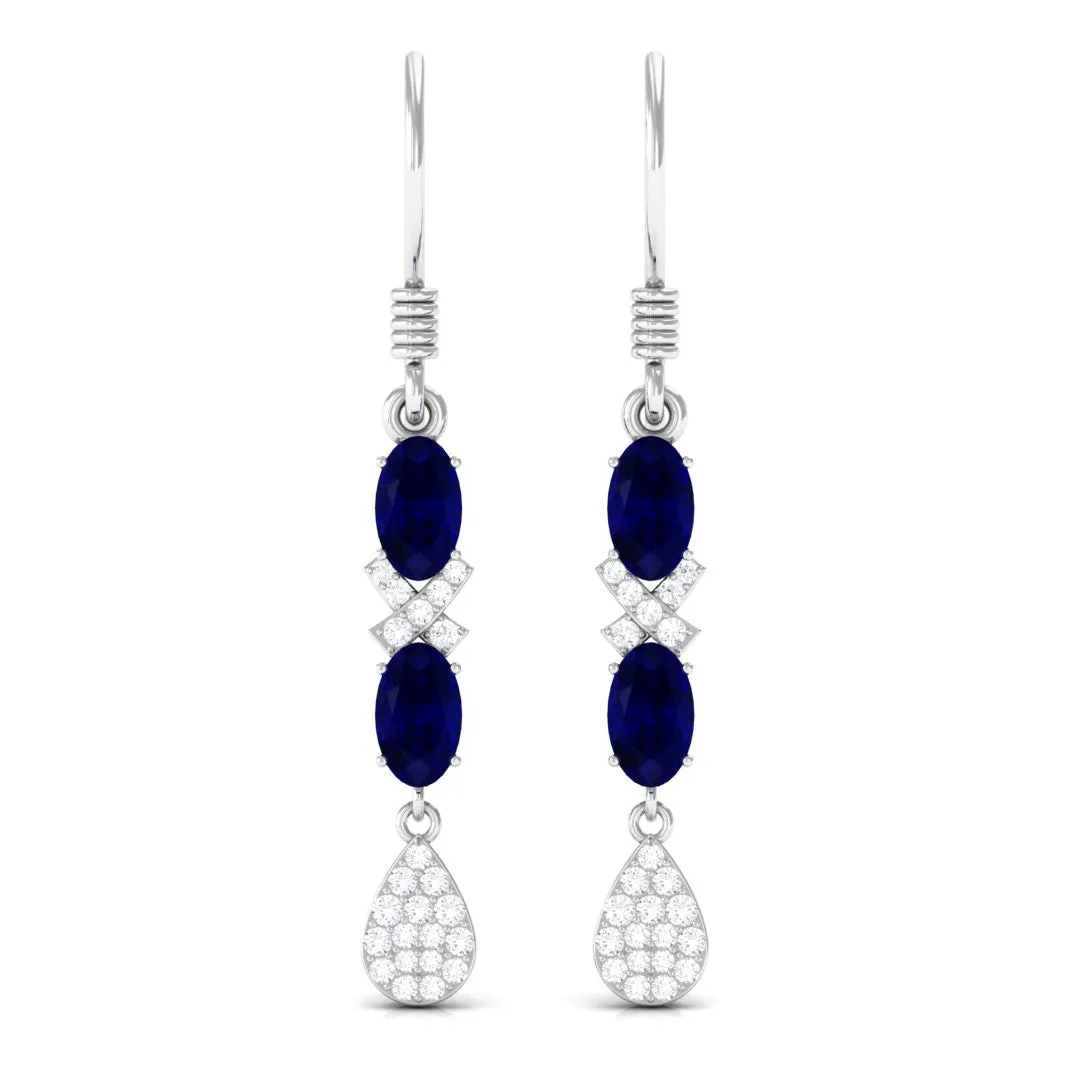 2 CT Oval Cut Blue Sapphire and Diamond Dangle Earrings