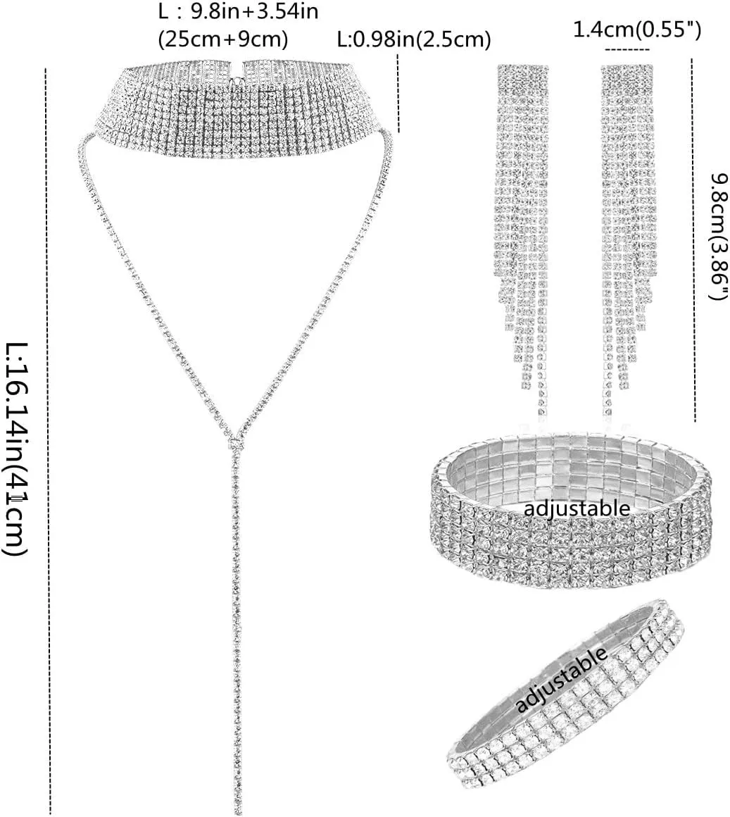 4Pcs Women Glitter Bling Rhinestone Crystal Jewelry Set Tassel Choker Necklace Stretch Bangle Bracelet Ankle Anklet Crystal Fringe Dangle Earrings for Women