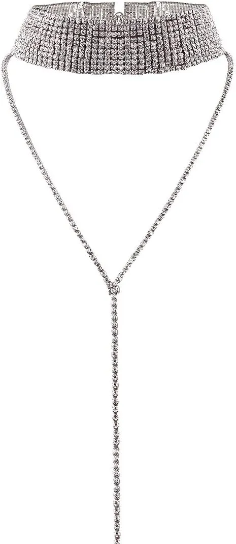 4Pcs Women Glitter Bling Rhinestone Crystal Jewelry Set Tassel Choker Necklace Stretch Bangle Bracelet Ankle Anklet Crystal Fringe Dangle Earrings for Women