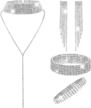 4Pcs Women Glitter Bling Rhinestone Crystal Jewelry Set Tassel Choker Necklace Stretch Bangle Bracelet Ankle Anklet Crystal Fringe Dangle Earrings for Women