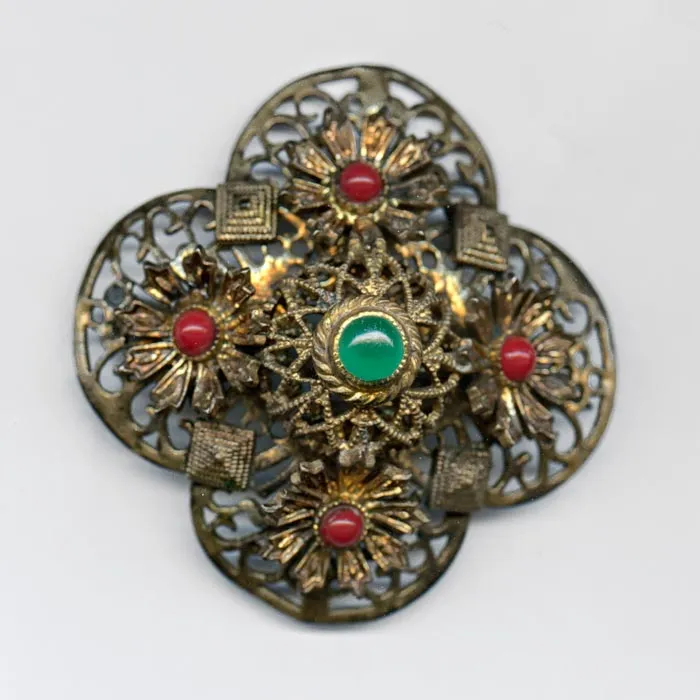 Antique Bohemian brass brooch with glass stones. j-pnbg973