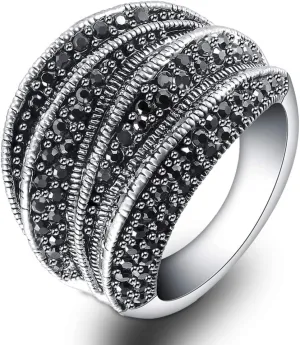 Black Rings for Women, Vintage Cross Marcasite Rings Statement Big Chunky Aesthetic Ring Costume Jewelry for Her