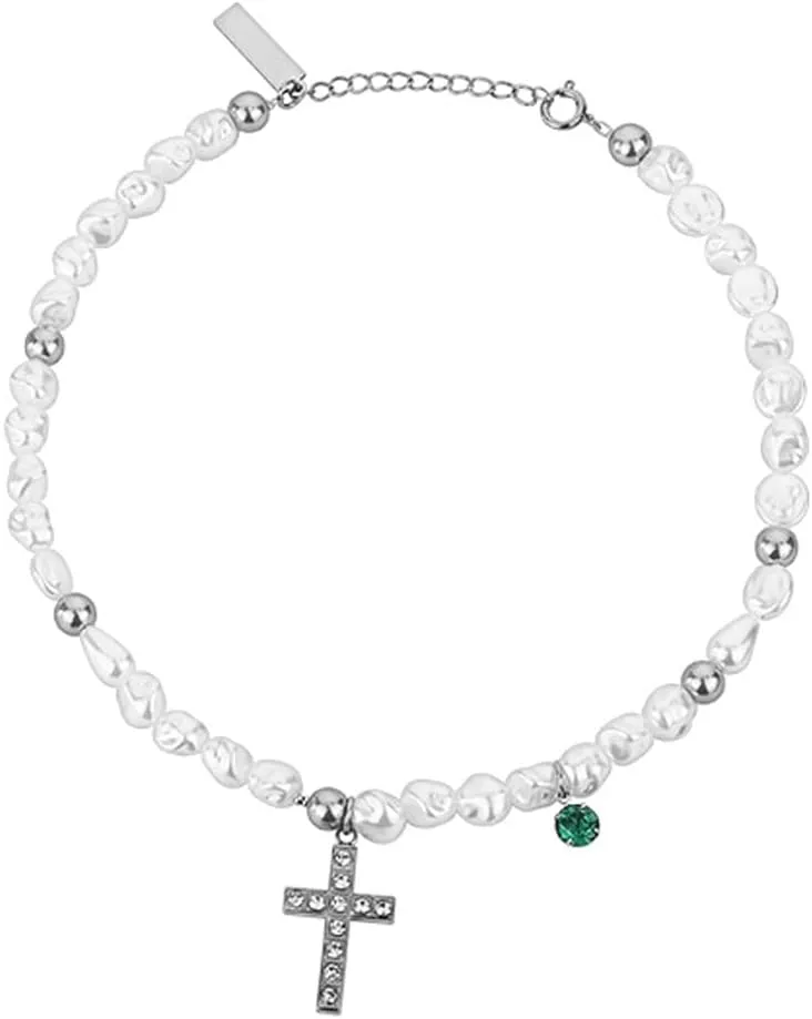 Cross Pearl Choker Necklace For Men Women Unisex Silver Green Cubic Zircon Stainless Steel Fashion Edgy Hip Hop Aesthetic Emo Charm Choker Necklace Gift Jewelry