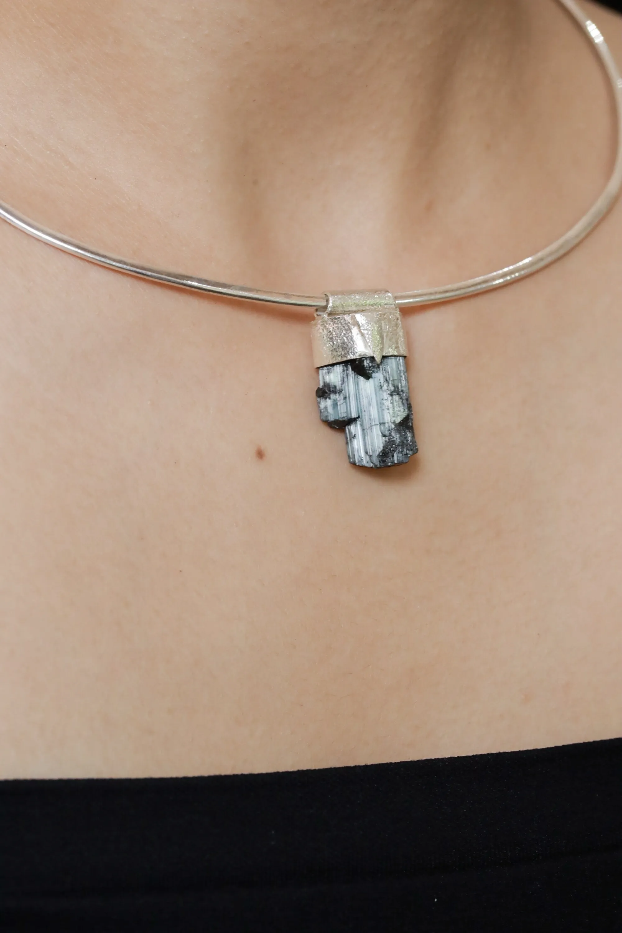 Crystal Necklace Featuring Raw Gem Green Tourmaline, Organic Textured 925 Sterling Silver, Unique Stack Collection Pendant Charm NO/02