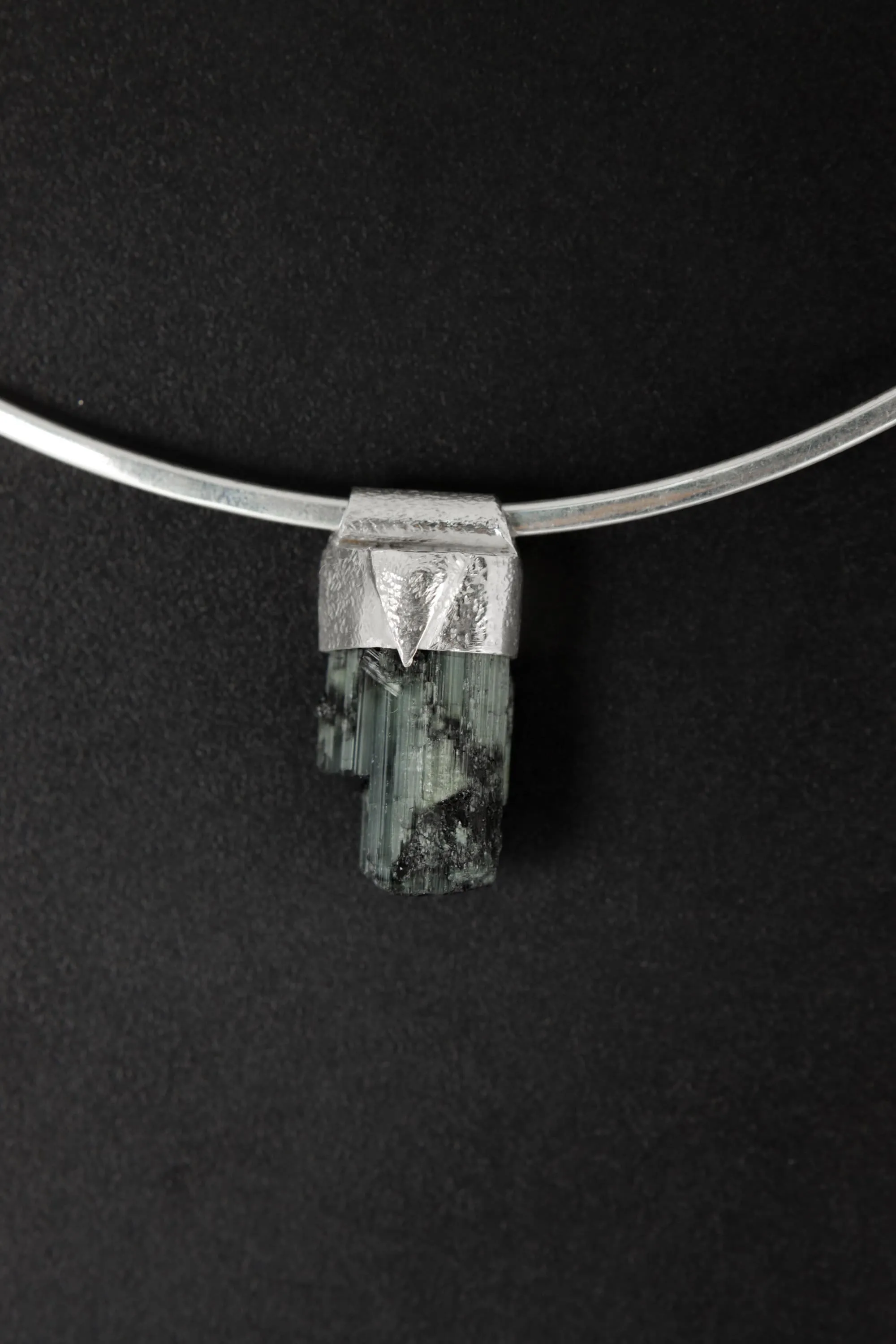 Crystal Necklace Featuring Raw Gem Green Tourmaline, Organic Textured 925 Sterling Silver, Unique Stack Collection Pendant Charm NO/02