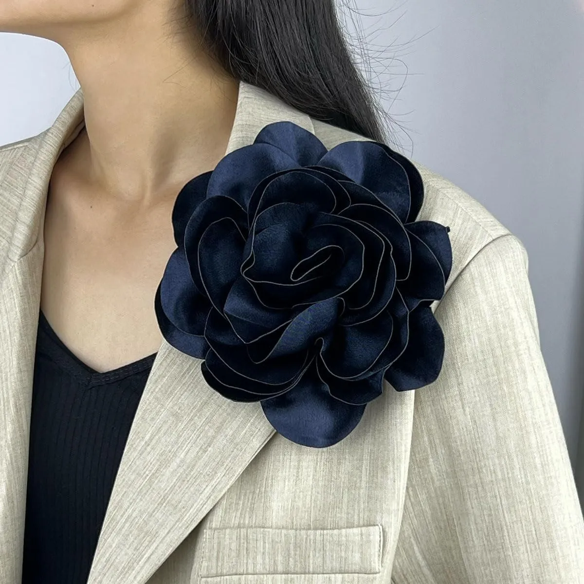 Dainty Satin Fabric Rose Flower Brooches 7.5in Extra Large Big Camellia Flower Brooches Lapel Pins for Women Wedding Party Dance Dress Clothes Accessories