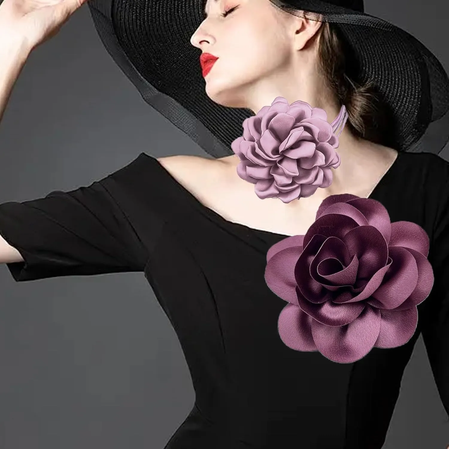 Dainty Satin Rose Flower Brooches Flower Choker Necklace for Women Camellia Floral Brooches Lapel Pins Big Floral Chokers for Wedding Dance Dress Clothes Accessories