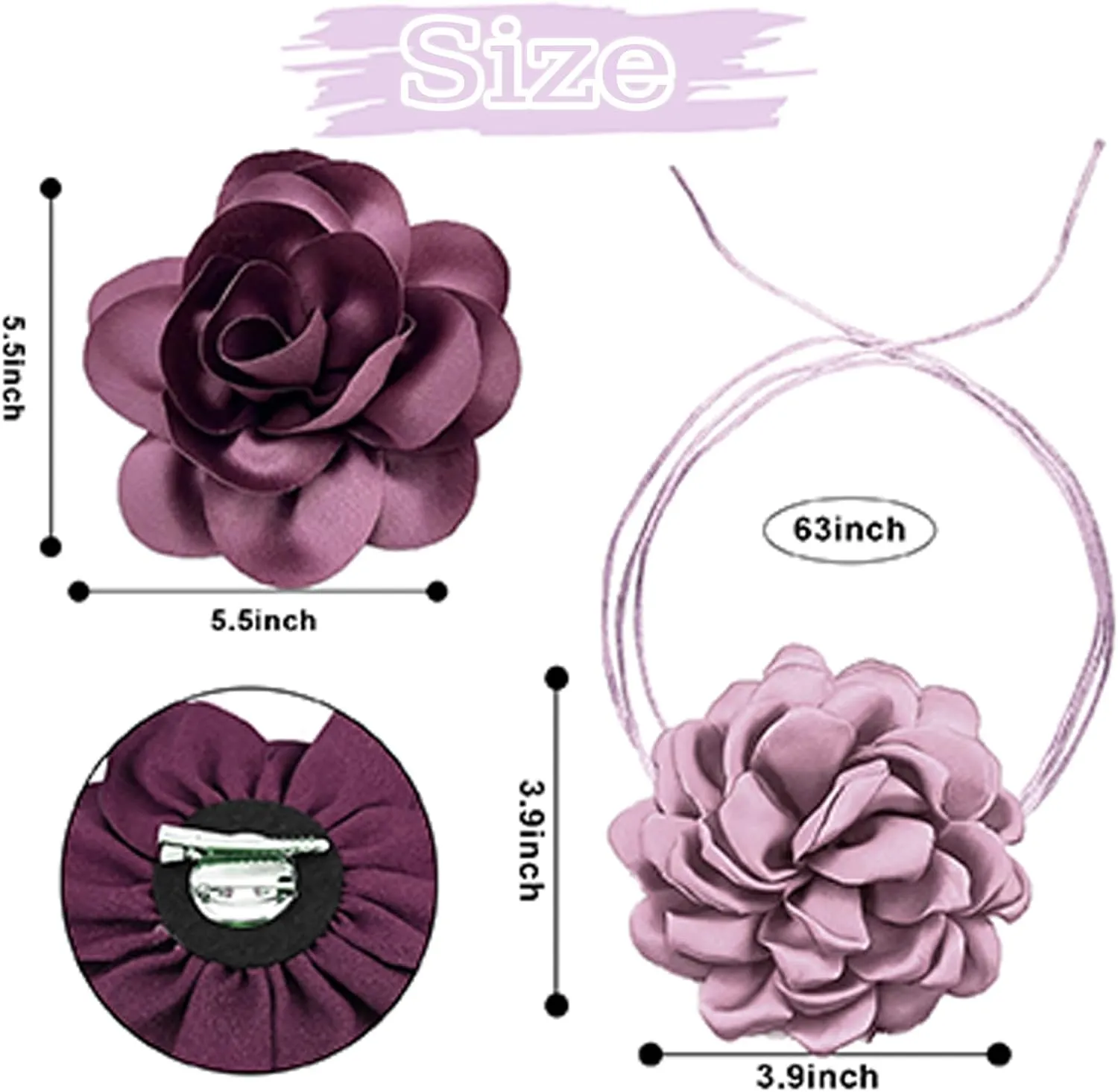 Dainty Satin Rose Flower Brooches Flower Choker Necklace for Women Camellia Floral Brooches Lapel Pins Big Floral Chokers for Wedding Dance Dress Clothes Accessories