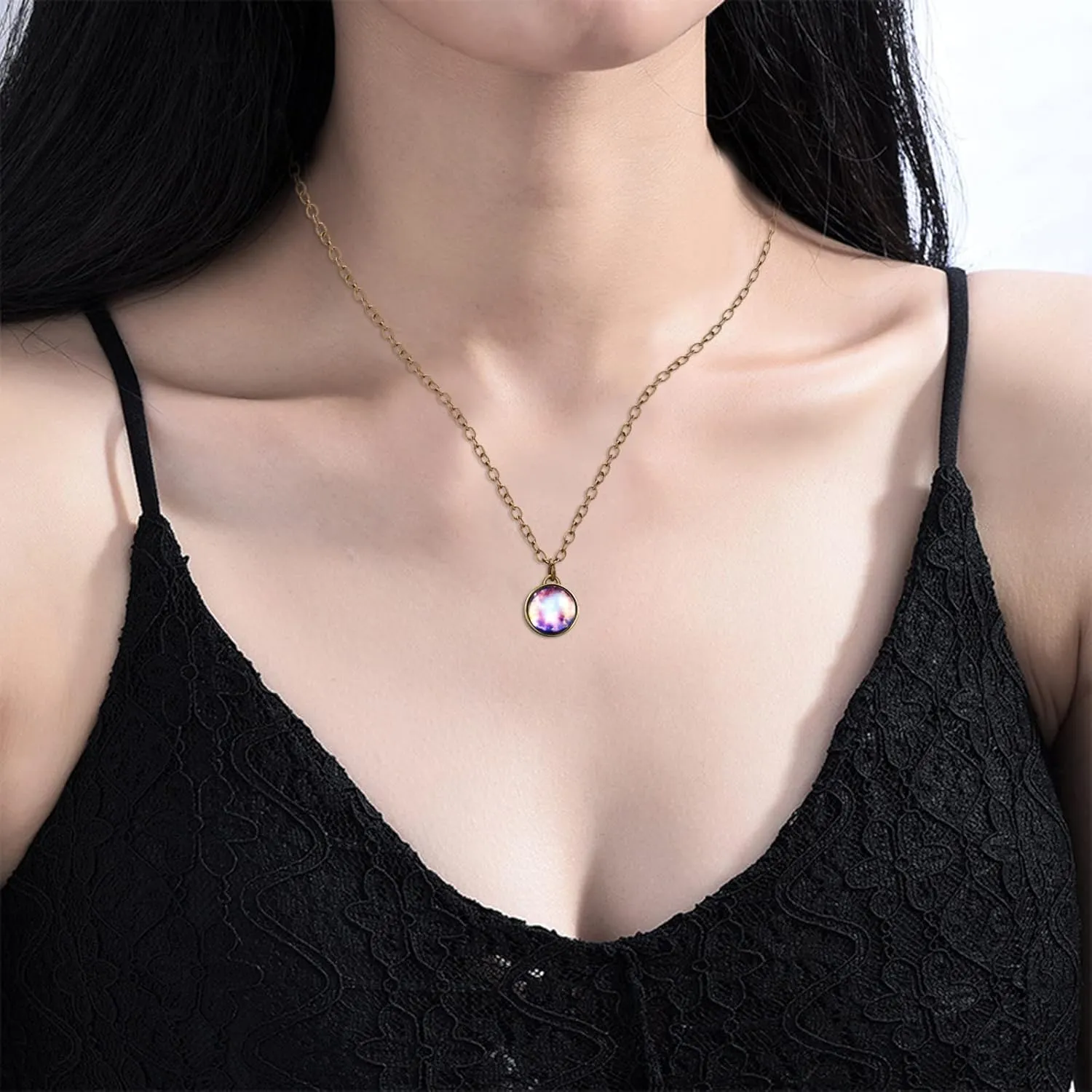 Glow in The Dark Galaxy System Double Sided Glass Dome Planet Necklace Pendant for Women (H, One Size)