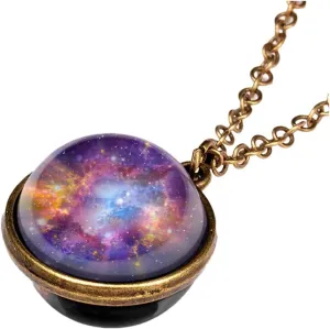 Glow in The Dark Galaxy System Double Sided Glass Dome Planet Necklace Pendant for Women (H, One Size)