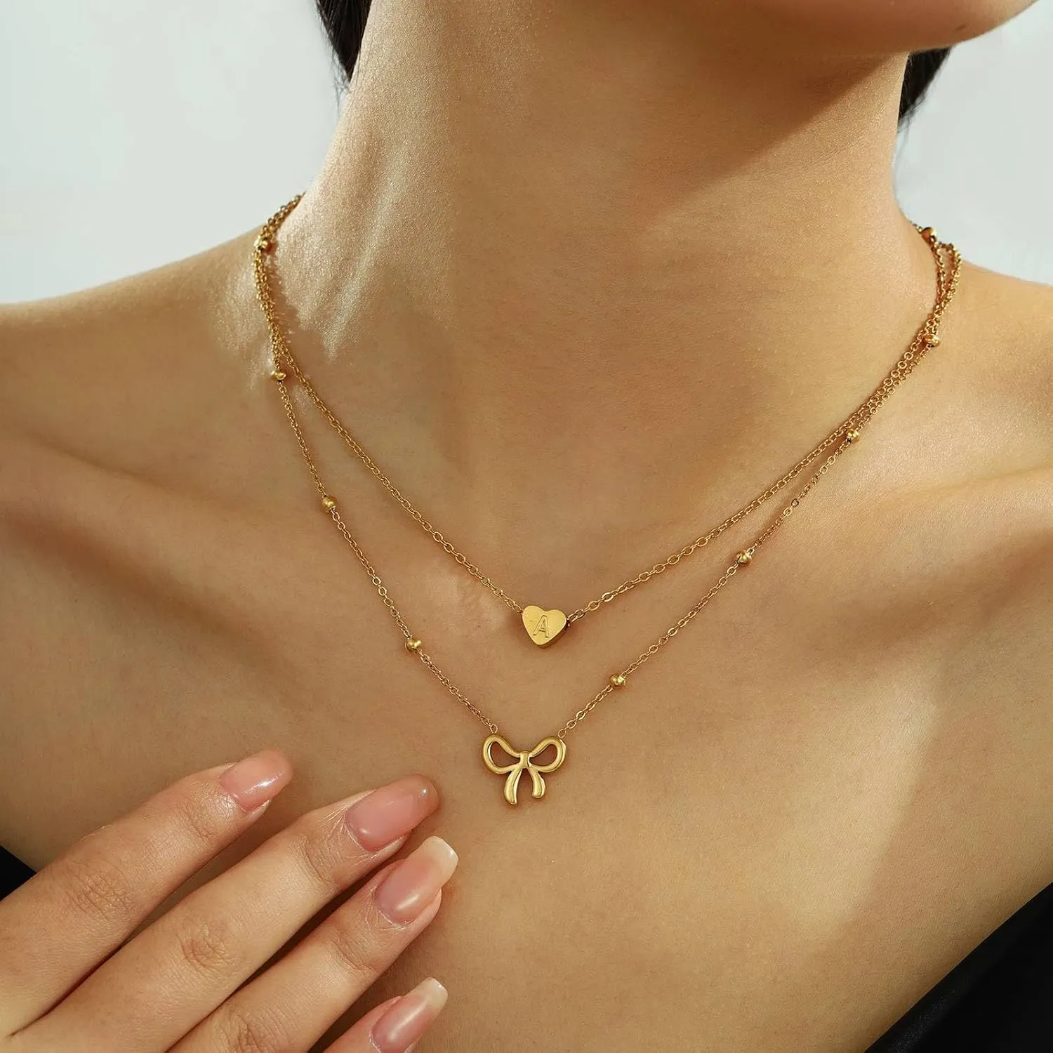 Initial Necklace for Women Layered Bow and Heart Necklace Non Tarnish Letter Necklace A-Z Trendy Gold Plated Necklace Cute Dainty Charm Jewelry