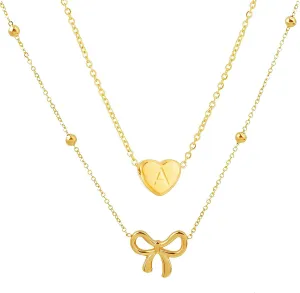 Initial Necklace for Women Layered Bow and Heart Necklace Non Tarnish Letter Necklace A-Z Trendy Gold Plated Necklace Cute Dainty Charm Jewelry