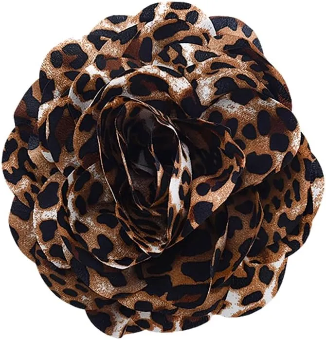 Large Leopard Flower Brooch Pin for Women Rose Brooch Fabric Floral Brooch for Women Coat Dress Suit Brooch Pin Leopard Print Party Clothes Accessories for Women Leopard Print Flower Hair Clip Large