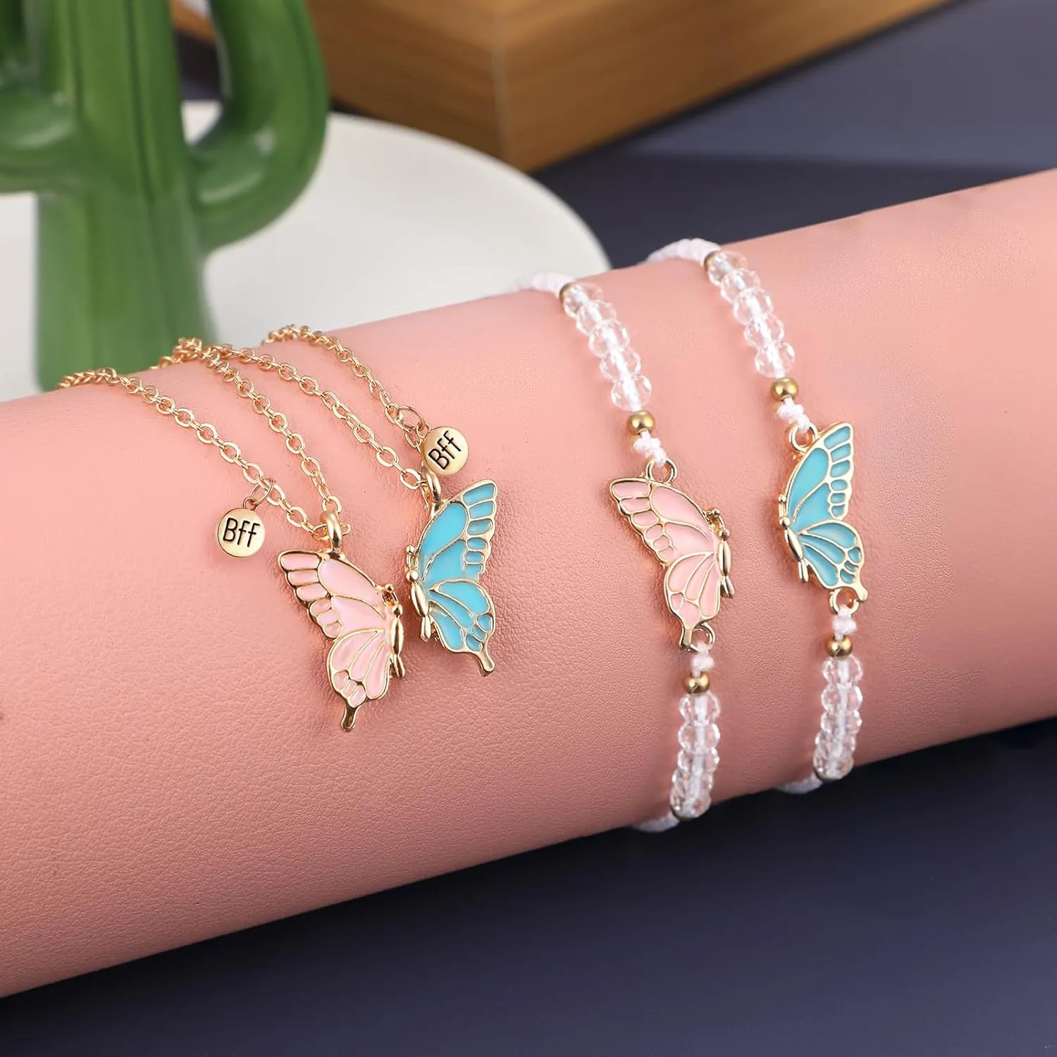 MJartoria BFF Necklace and Bracelets for 2-Butterfly Friendship Necklace Bracelet Best Friend Necklace Matching Necklace Bracelets Gifts
