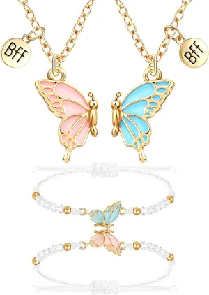 MJartoria BFF Necklace and Bracelets for 2-Butterfly Friendship Necklace Bracelet Best Friend Necklace Matching Necklace Bracelets Gifts