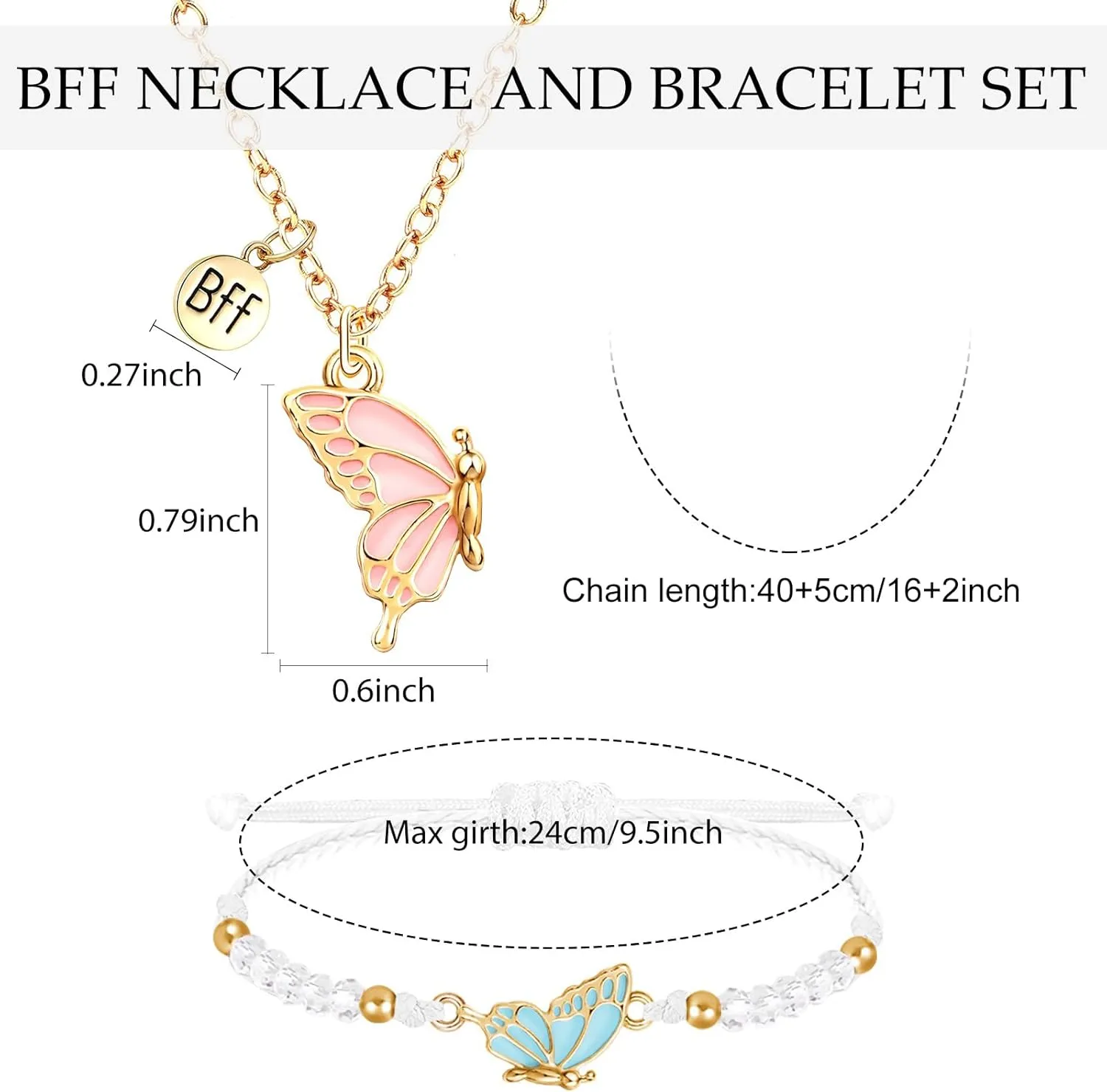 MJartoria BFF Necklace and Bracelets for 2-Butterfly Friendship Necklace Bracelet Best Friend Necklace Matching Necklace Bracelets Gifts