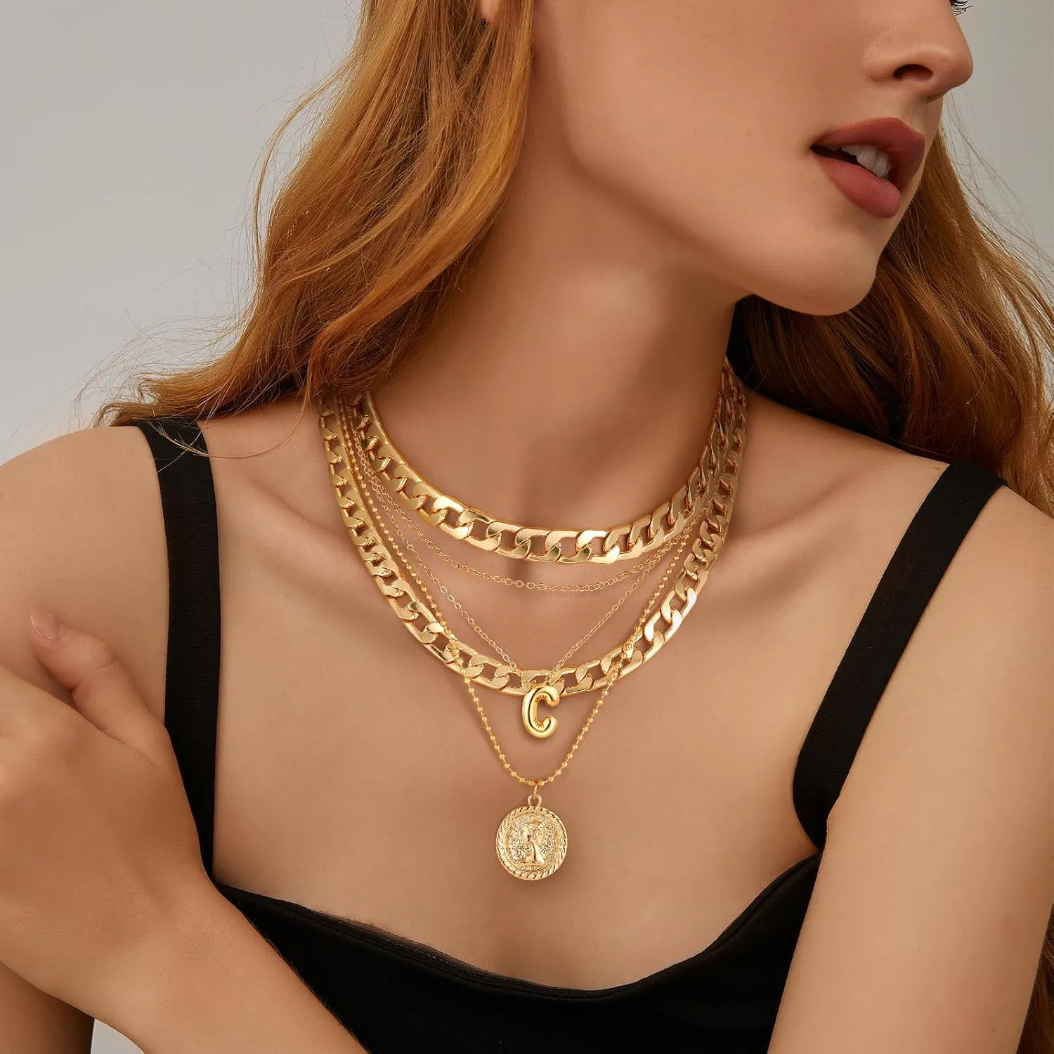 MJartoria Gold Layered Necklaces for Women Trendy Balloon Initial Pendant Necklace Dainty Chunky Chain Choker Necklaces Jewelry Birthday Gifts