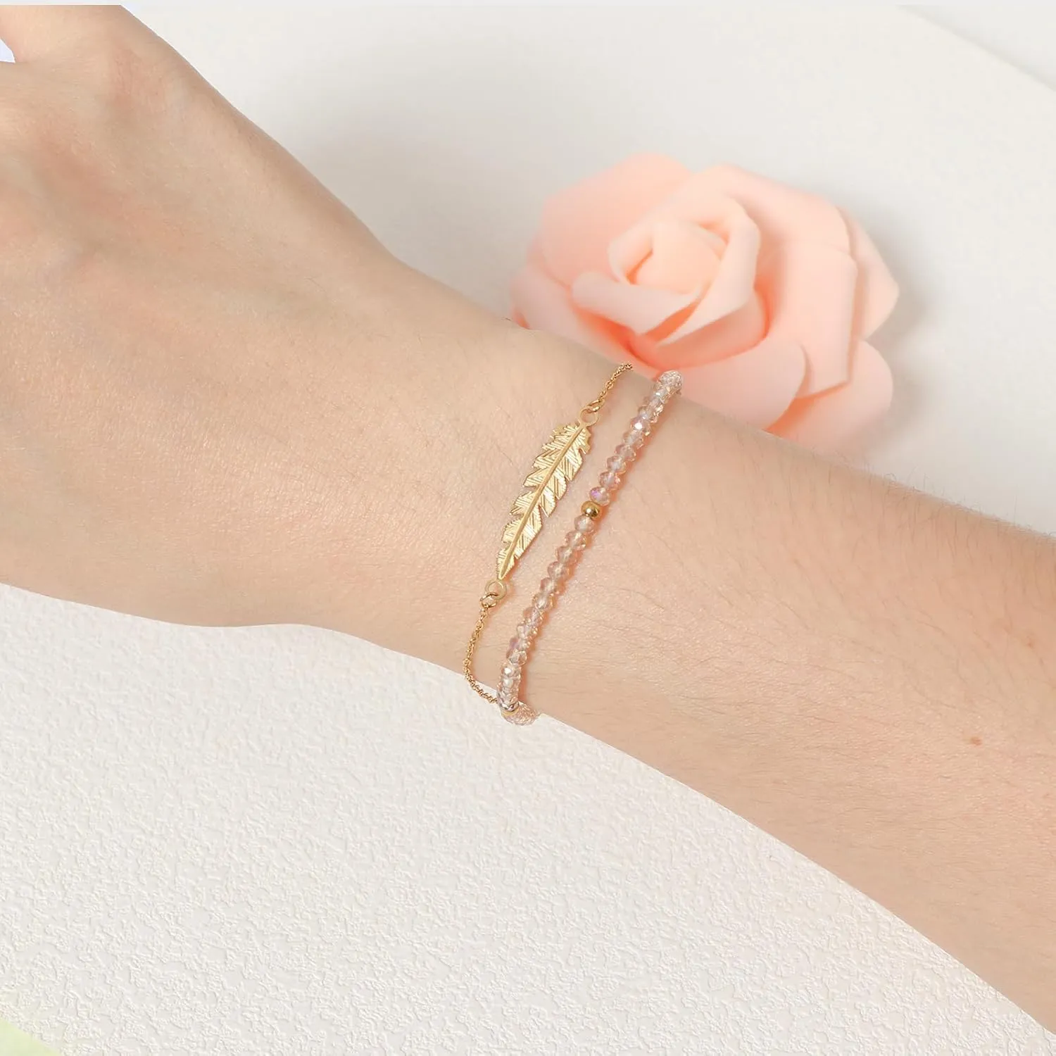 Natural Gemstone Beads Bracelets for Women Round Beaded Gold Link Bracelet Handmade Healing Crystals Bracelet Gemstone Jewelry Gift for Wife Mother