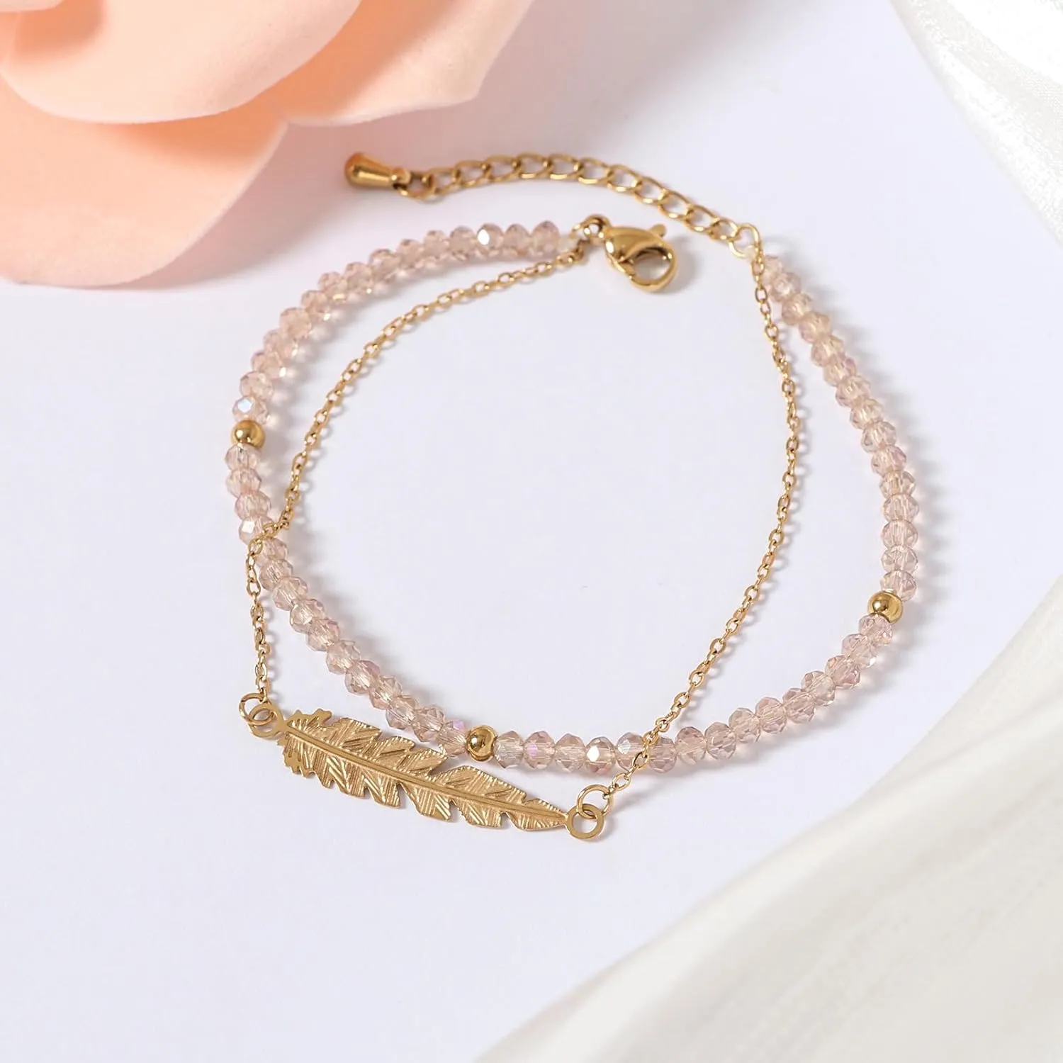 Natural Gemstone Beads Bracelets for Women Round Beaded Gold Link Bracelet Handmade Healing Crystals Bracelet Gemstone Jewelry Gift for Wife Mother