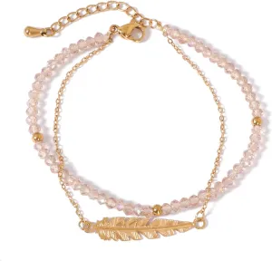 Natural Gemstone Beads Bracelets for Women Round Beaded Gold Link Bracelet Handmade Healing Crystals Bracelet Gemstone Jewelry Gift for Wife Mother