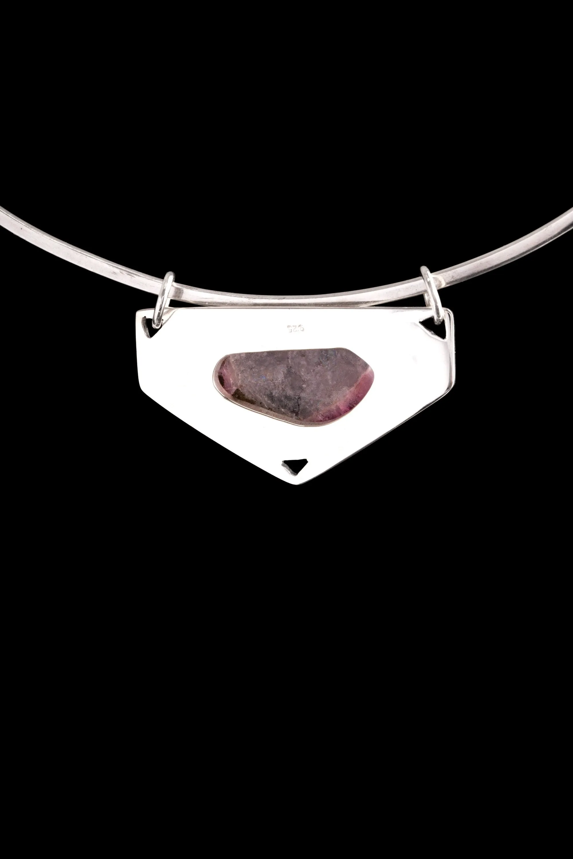 Polished Slice of Gemmy Watermelon Tourmaline Pendant,Sterling Silver, Shiny Finish, Textured Design,Heart Chakra,Libra Zodiac, Unique Gift