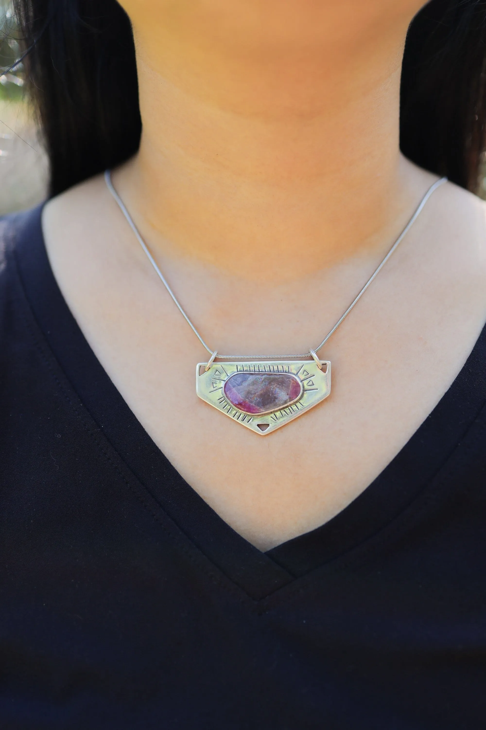 Polished Slice of Gemmy Watermelon Tourmaline Pendant,Sterling Silver, Shiny Finish, Textured Design,Heart Chakra,Libra Zodiac, Unique Gift