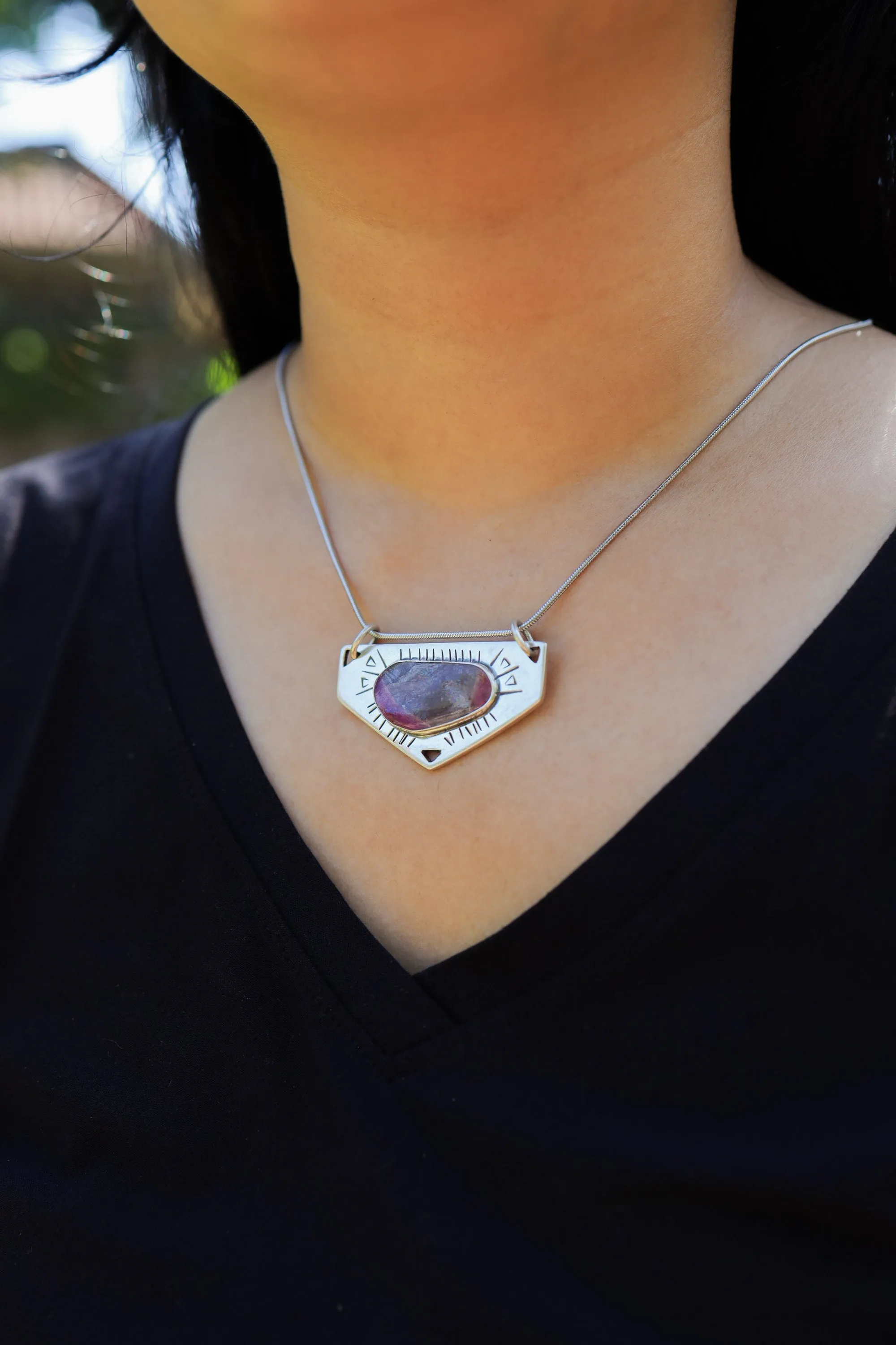Polished Slice of Gemmy Watermelon Tourmaline Pendant,Sterling Silver, Shiny Finish, Textured Design,Heart Chakra,Libra Zodiac, Unique Gift