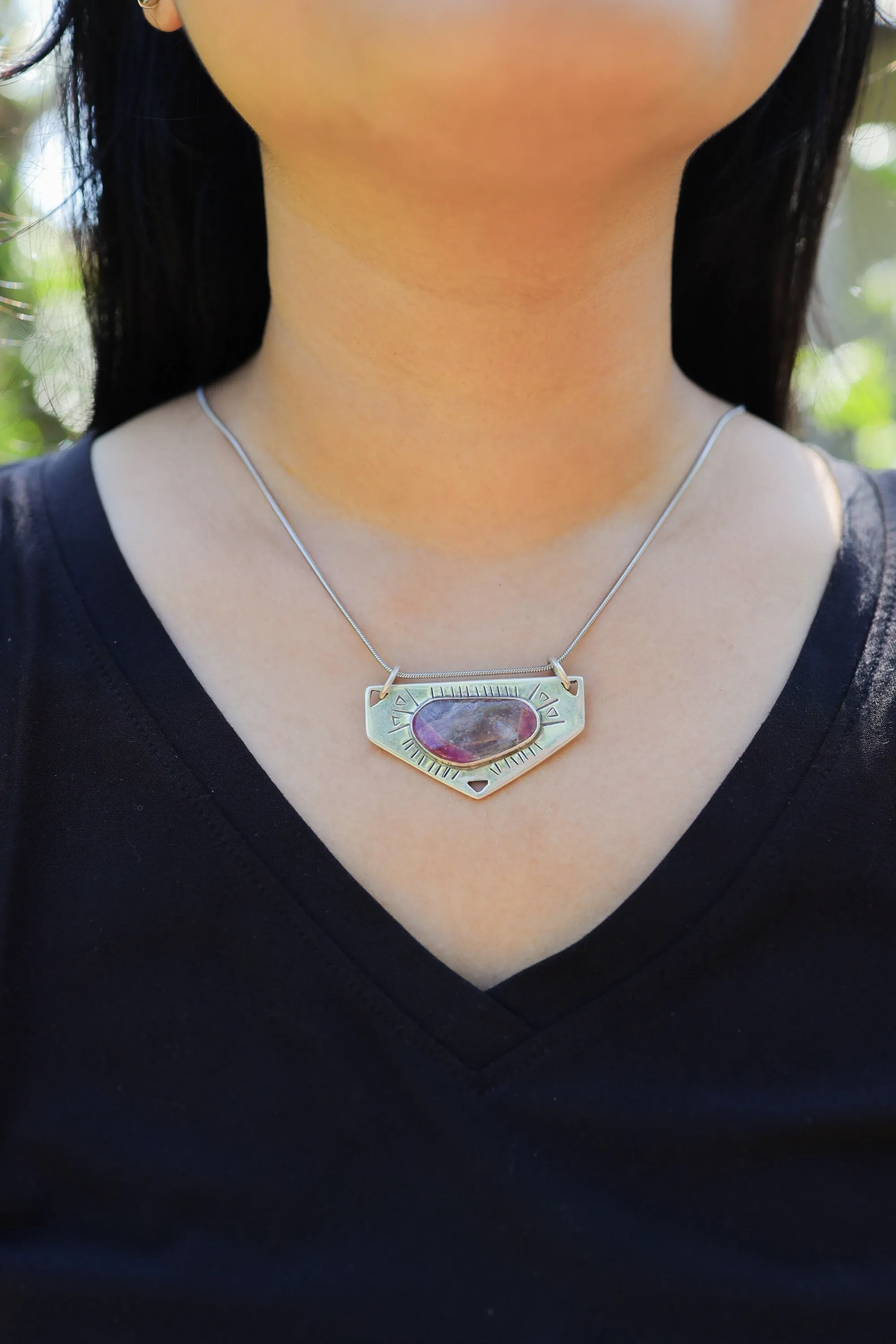 Polished Slice of Gemmy Watermelon Tourmaline Pendant,Sterling Silver, Shiny Finish, Textured Design,Heart Chakra,Libra Zodiac, Unique Gift