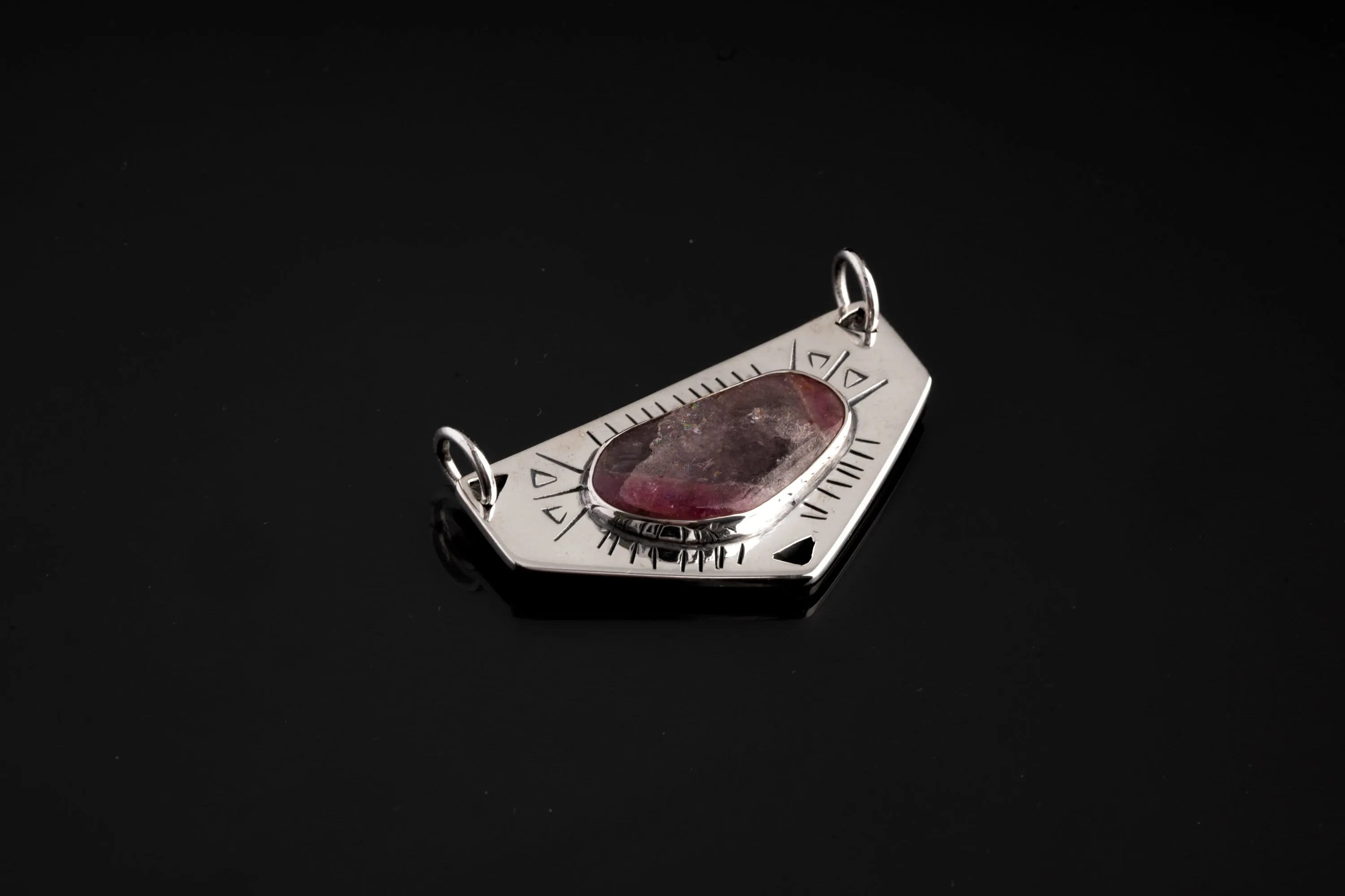 Polished Slice of Gemmy Watermelon Tourmaline Pendant,Sterling Silver, Shiny Finish, Textured Design,Heart Chakra,Libra Zodiac, Unique Gift