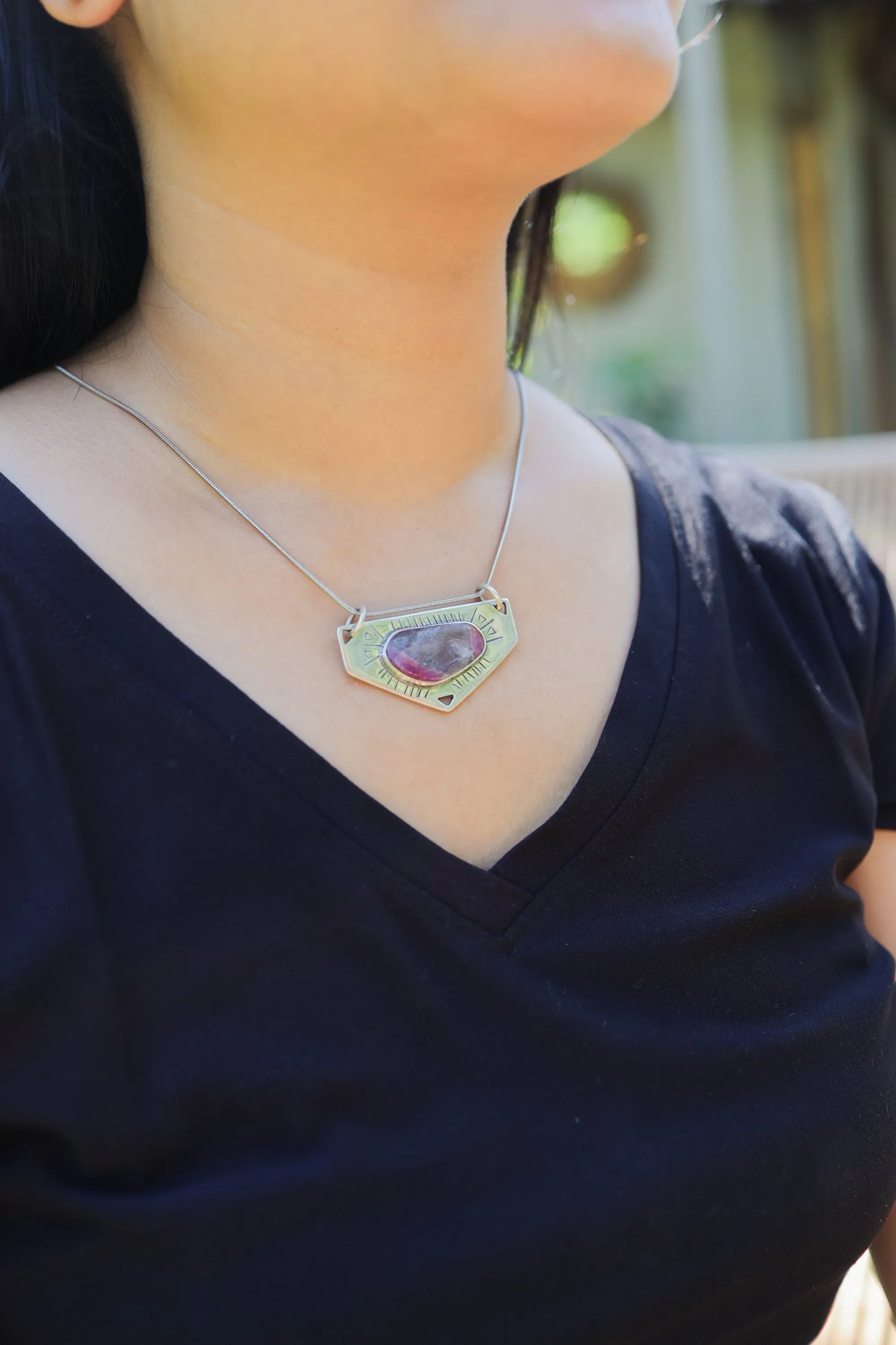 Polished Slice of Gemmy Watermelon Tourmaline Pendant,Sterling Silver, Shiny Finish, Textured Design,Heart Chakra,Libra Zodiac, Unique Gift