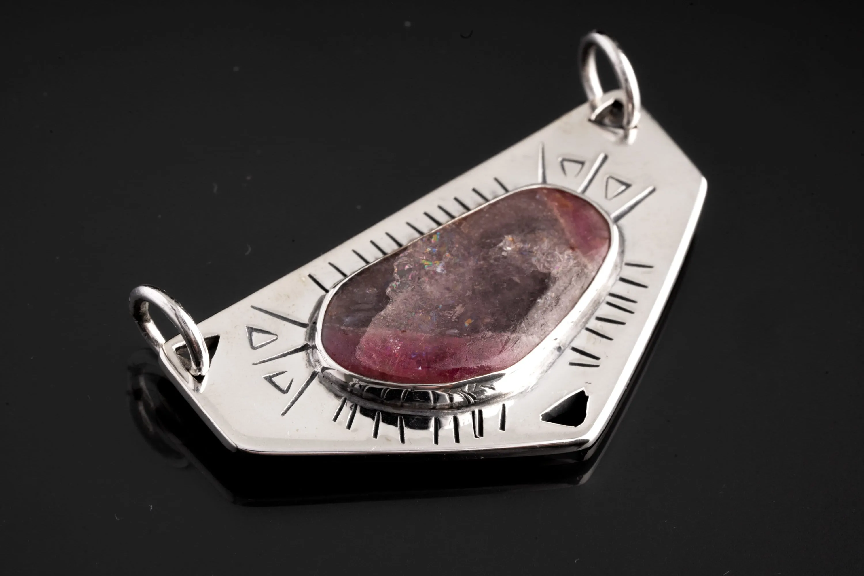 Polished Slice of Gemmy Watermelon Tourmaline Pendant,Sterling Silver, Shiny Finish, Textured Design,Heart Chakra,Libra Zodiac, Unique Gift
