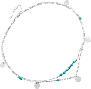 Turquoise Boho Necklace, Silver Sequin Pendant Choker, Women's Boho Layered Disc Necklace, Country Long Pendant, Christmas Jewelry Gift
