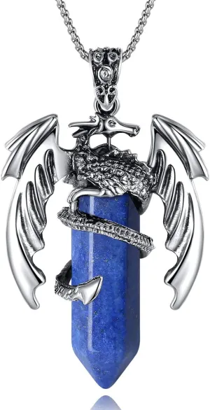 XIANNVXI Vintage Lapis Lazuli Crystal Healing Stone Necklace for Men Women Dragon Necklace Cool Simple Retro Natural Reiki Spirtural Witch Gemstone Pendant Jewelry